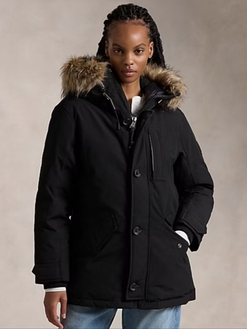 Polo Ralph Lauren black down filled faux fur trim parka coat
